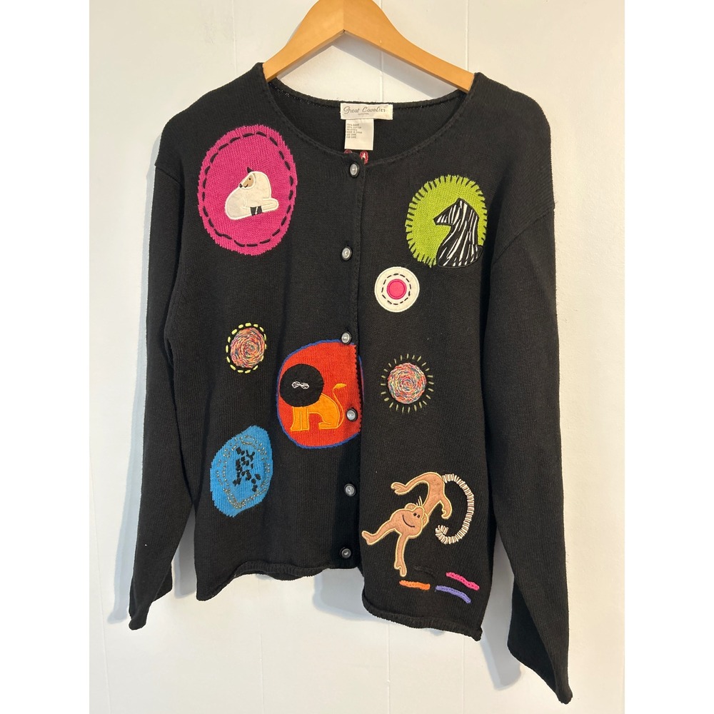 Great Cavalier large Embroidered Cardigan Black Women's Long Sleeve Button Front - Picture 2 of 14